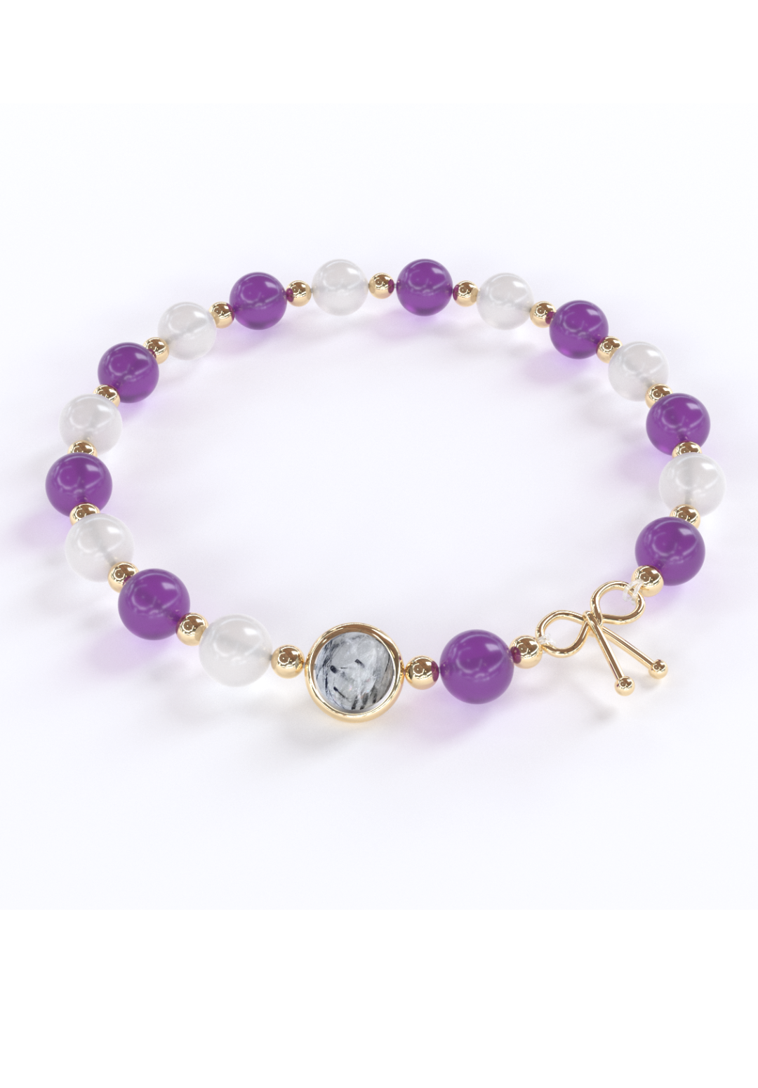 Bracelet amincissant composé d'améthyste et de pierre de lune qui alternent avec de petites billes en or fin entre elles, avec une seule pierre de quartz rutile en son centre, entourée d'un anneau en or fin. En cadeau, un défi de 30 jours pour atteindre vos objectifs plus rapidement.