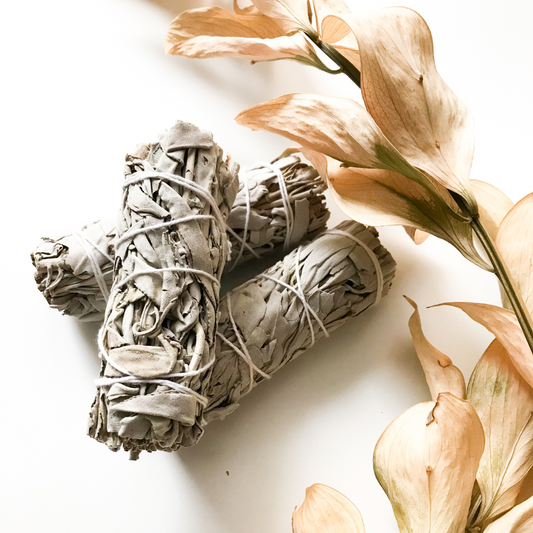 trois sauge blanche entouré d'un élastique blanc avec un bouquet de fleur en déco