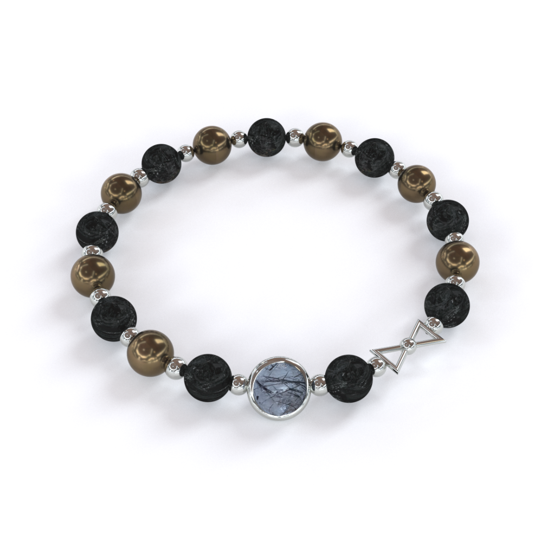 Bracelet  de Chance et Protection  composé de pierre naturelle de Pyrite & Tourmaline  alternant avec de petites billes en argent, avec une seule pierre de quartz rutile en son centre, ainsi qu'un noeud en argent