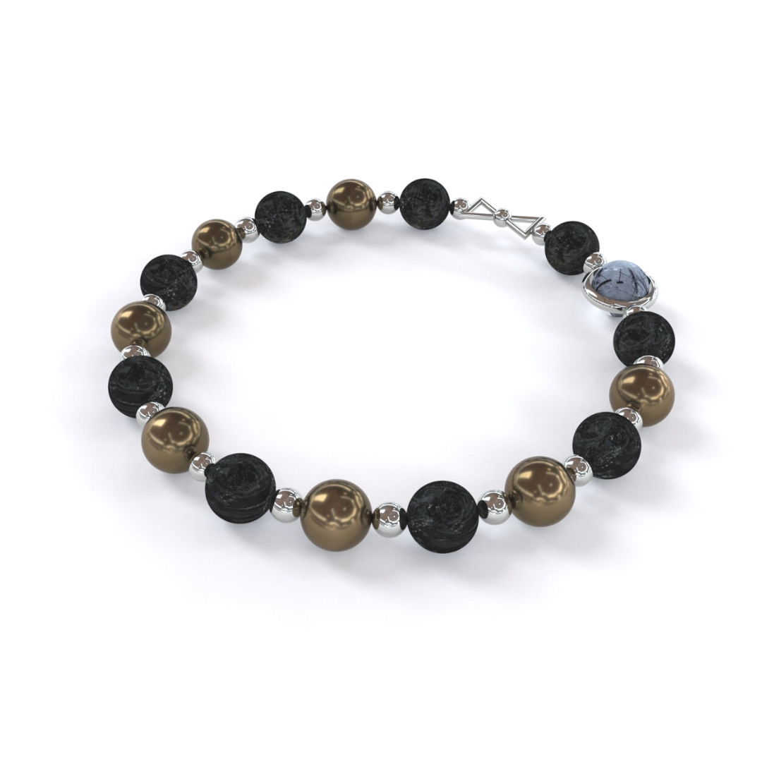 Bracelet  de Chance et Protection  composé de pierre naturelle de Pyrite & Tourmaline  alternant avec de petites billes en argent, avec une seule pierre de quartz rutile en son centre, ainsi qu'un noeud en argent