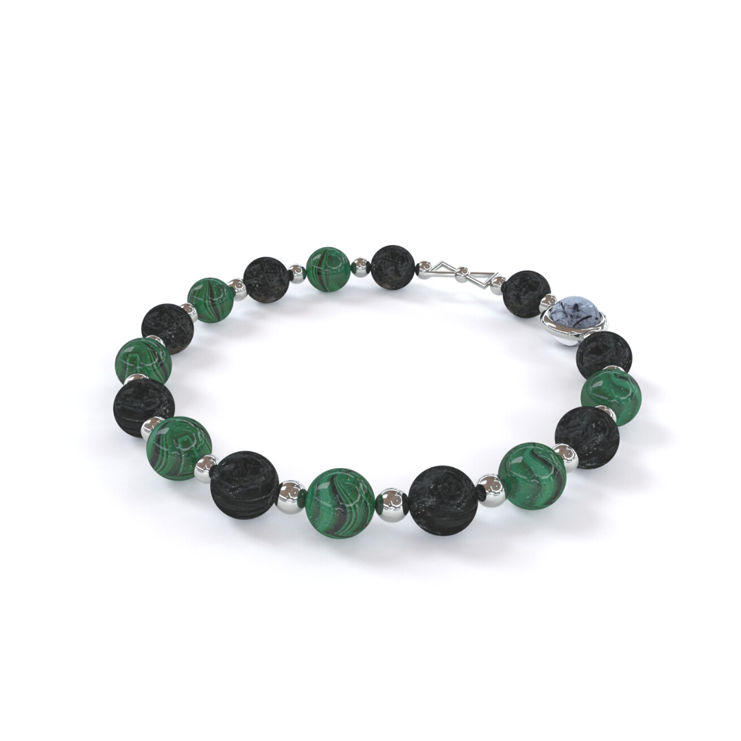 Bracelet anti-douleur composé de malachite et de tourmaline, alternant avec de petites billes en argent 925, avec une seule pierre de quartz rutile en son centre, entourée d'un anneau en argent 925